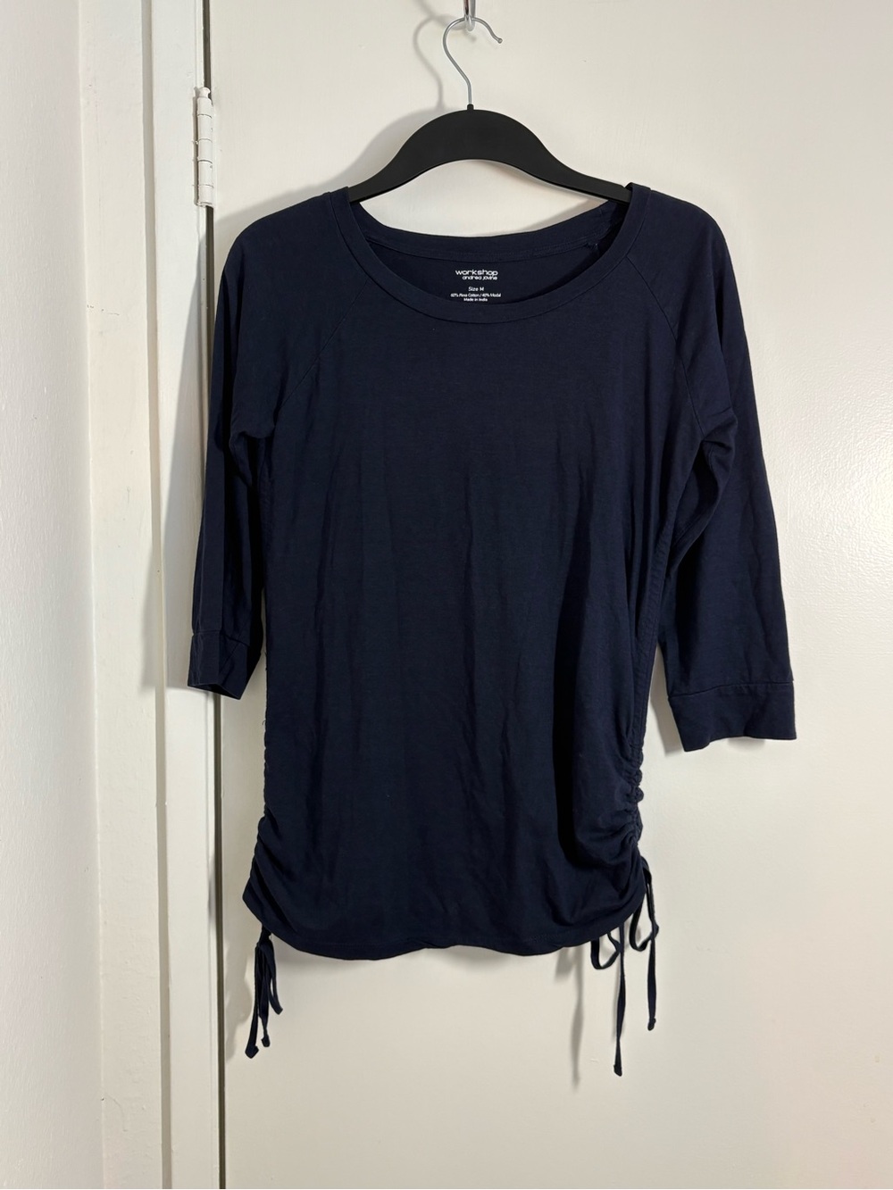 Workshop Andrea Jovine Navy Side-Tie Ruched 3/4 Sleeve Tee